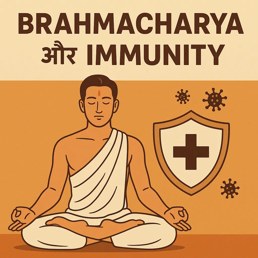 Young man meditating in lotus pose with golden aura symbolizing Brahmacharya, purity, self-control, and spiritual energy, surrounded by calm nature and divine light.