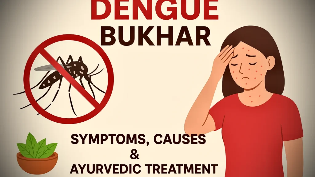 Illustration of dengue fever showing a mosquito, a woman with symptoms, and Ayurvedic treatment concept
