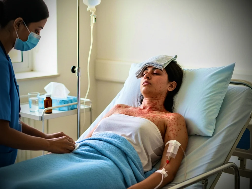 Person/women showing Dengue symptoms like fever and rash