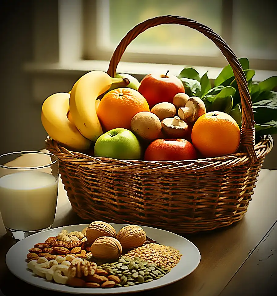 A basket filled with fresh fruits (apples, oranges, bananas), mushrooms, and spinach. Beside it is a glass of milk and a plate containing flax seeds, pumpkin seeds, cashews, almonds, peanuts, and whole walnuts