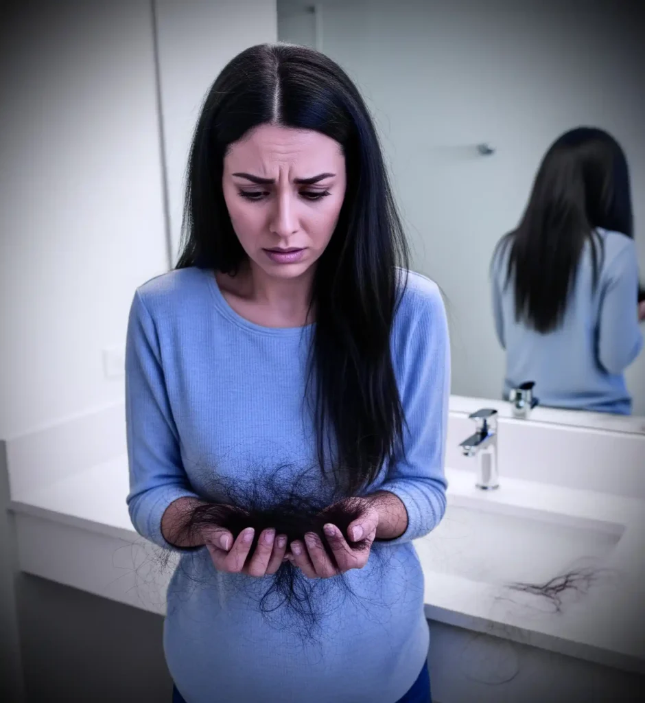 A woman with dry and brittle hair holding a clump of hair that has fallen out | Heavy hair Fall