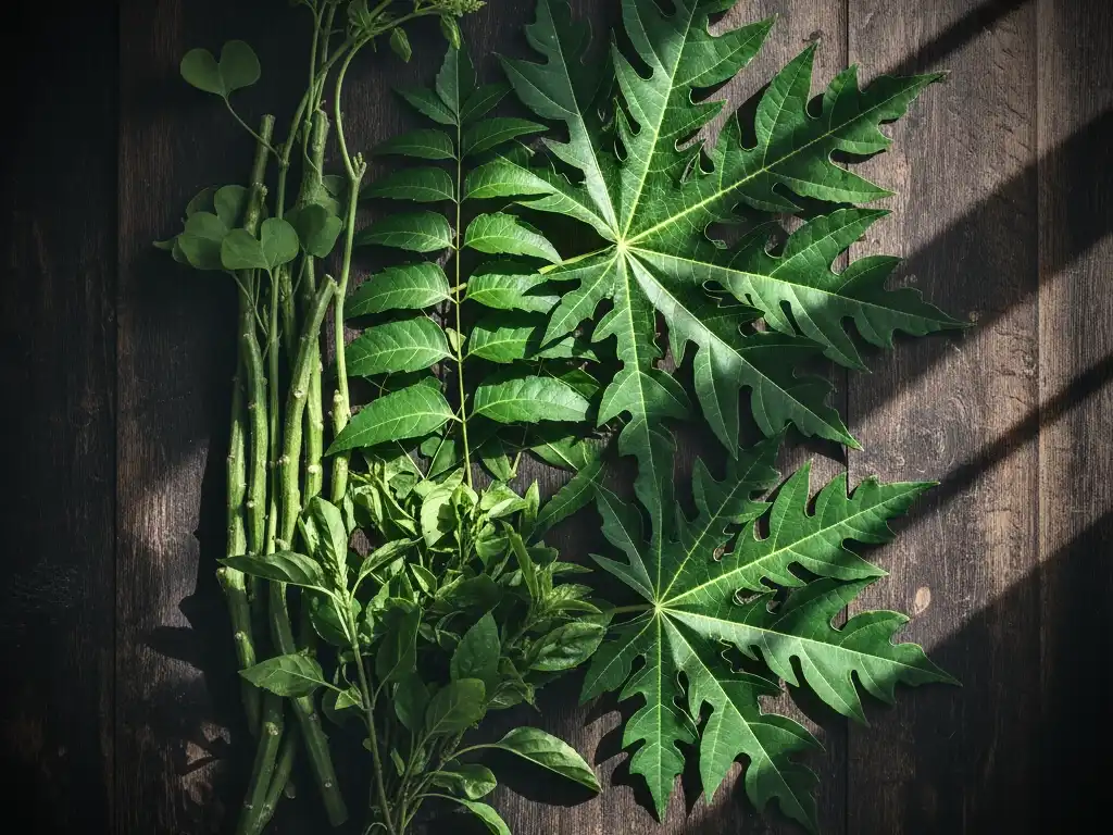 Ayurvedic herbs giloy neem tulsi papaya leaves used in Dengue treatment
