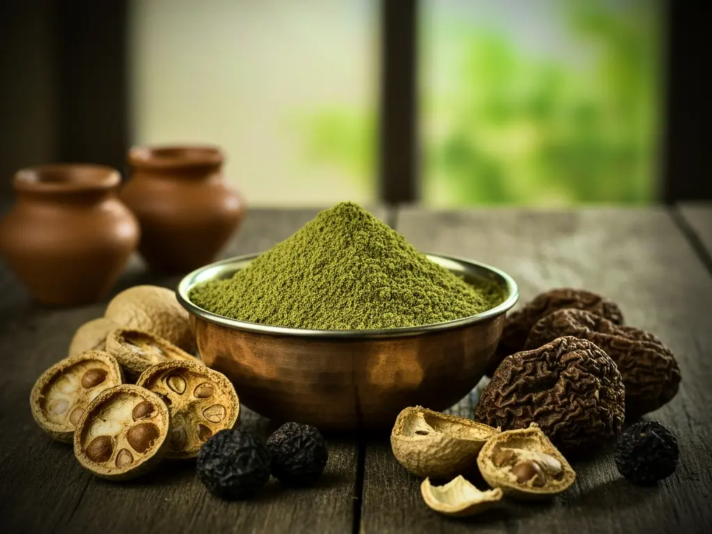 A bowl of Triphala powder is centered on a wooden table, surrounded by dried Amla, Haritaki, and Bibhitaki fruits in their whole and split forms.