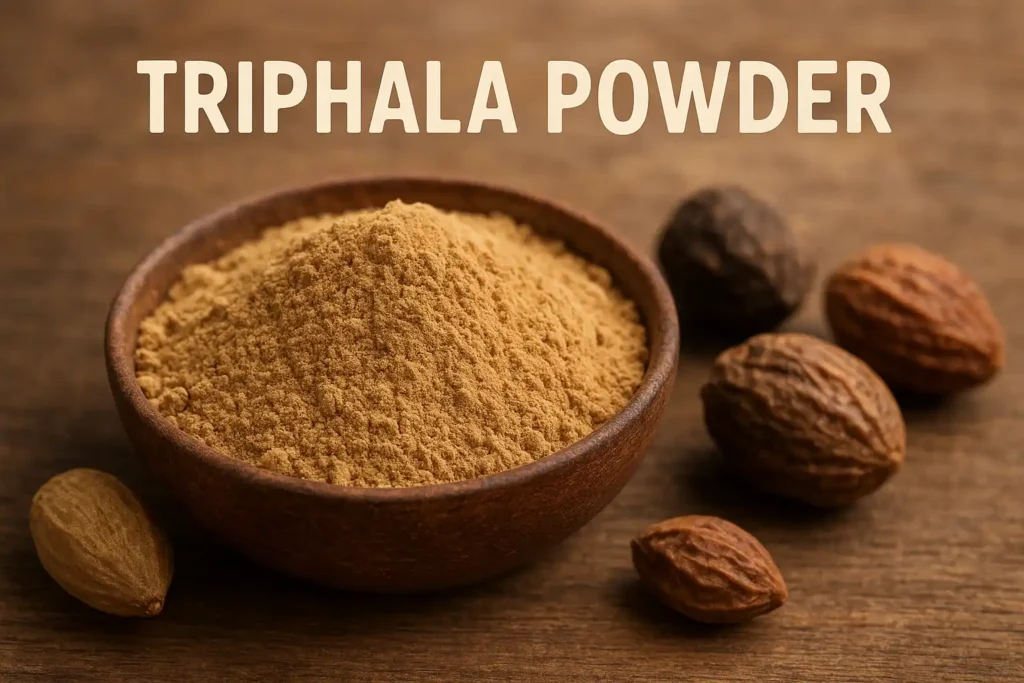 Wooden bowl filled with Triphala powder surrounded by dried fruits on a burlap surface