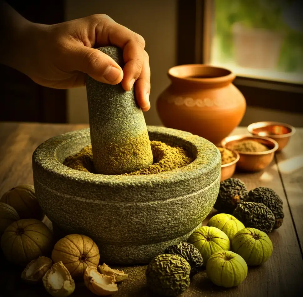 grinding Triphala powder using a mortar and pestle, with dried Amla, Haritaki, and Bibhitaki fruits scattered on a wooden table