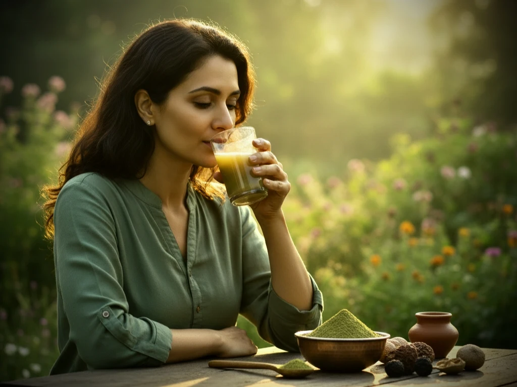 A woman is gently drinking a glass of Triphala water at a wooden table in a sunlit garden. Beside her, a bowl of Triphala powder, whole Triphala fruits, and a small clay pot are visible