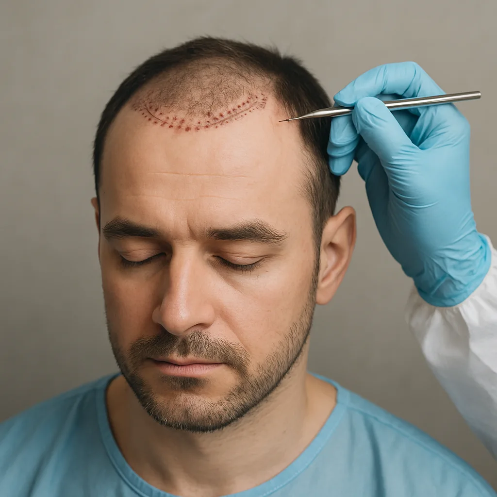 Hair transplant procedure showing a doctor implanting hair follicles on a balding man's scalp.