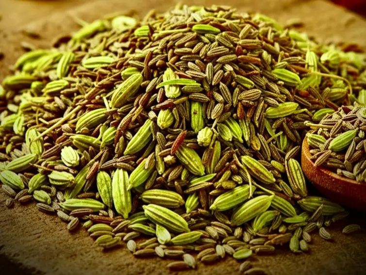 mixture of carom seeds (ajwain), fennel seeds (saunf), and cumin seeds (jeera)