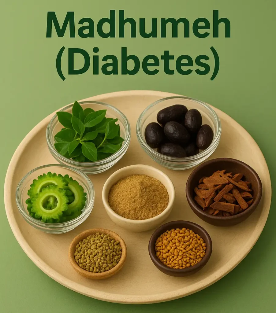 Ayurvedic herbs and spices for controlling Madhumeh (Diabetes), including Gymnema leaves, Jamun, Bitter Gourd, Triphala powder, Fenugreek seeds, Cinnamon, and other natural ingredients arranged in small bowls on a wooden plate with green background